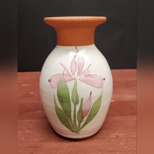 Emerson Creek Pottery Redware Bud Vase Hand Painted Iris Design